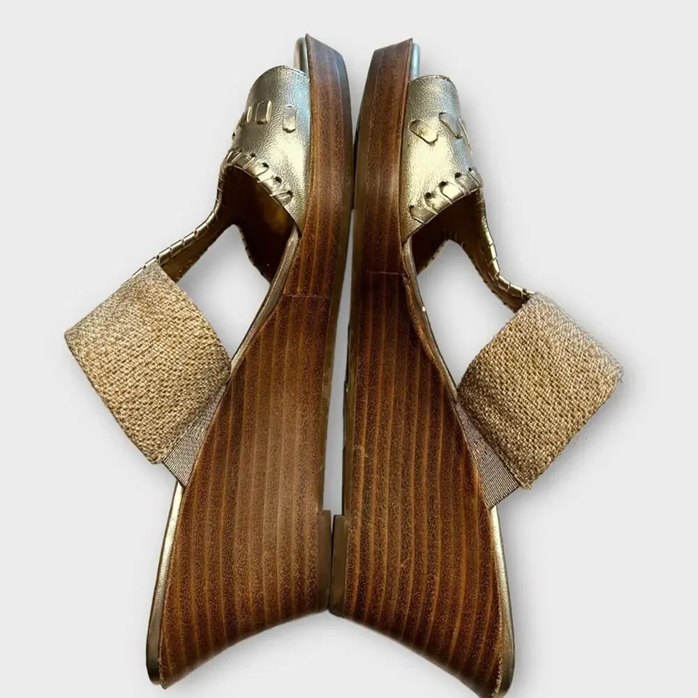 JACK ROGERS Nora Neutral Tan & Metallic Gold Wedge Sandals Size 8.5